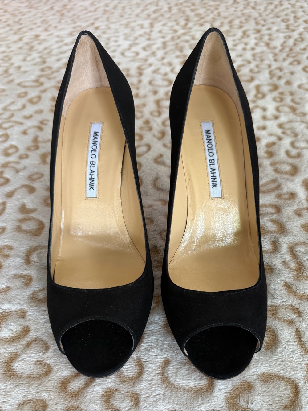 Manolo Blahnik Peepti Suede Peep Toe Pumps 
Black Women’s Size: 8 US / EU 38